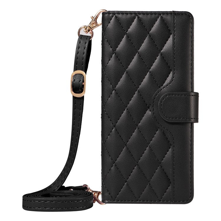 For Motorola Edge 50 Neo 5G / Moto S50 5G / Thinkphone 25 5G Case Wallet Rhombus Leather Phone Cover with Shoulder Strap, Wrist Strap - Black
