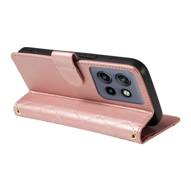 For Motorola Edge 50 Neo 5G / Moto S50 5G / Thinkphone 25 5G Case Wallet Rhombus Leather Phone Cover with Shoulder Strap, Wrist Strap - Rose Gold