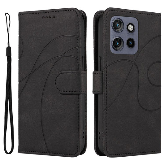 For Motorola Edge 50 Neo 5G Case Stand Wallet Leather Phone Cover Curved Line Wrist Strap - Black
