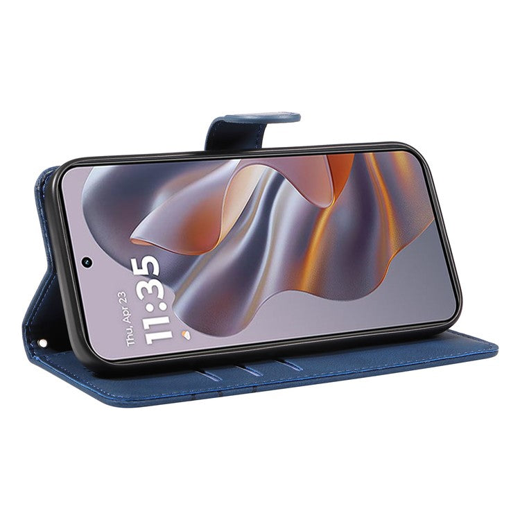 For Motorola Edge 50 Neo 5G Case Stand Wallet Leather Phone Cover Curved Line Wrist Strap - Blue