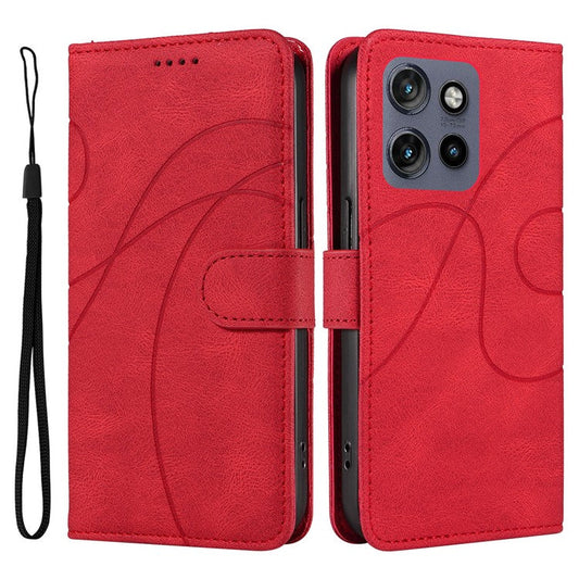 For Motorola Edge 50 Neo 5G Case Stand Wallet Leather Phone Cover Curved Line Wrist Strap - Red