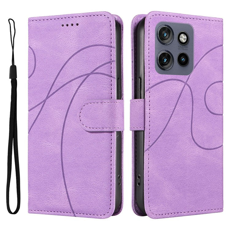For Motorola Edge 50 Neo 5G Case Stand Wallet Leather Phone Cover Curved Line Wrist Strap - Purple