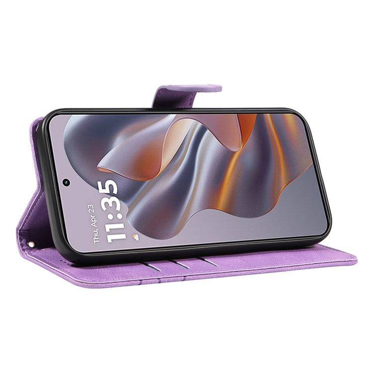 For Motorola Edge 50 Neo 5G Case Stand Wallet Leather Phone Cover Curved Line Wrist Strap - Purple