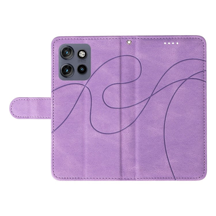 For Motorola Edge 50 Neo 5G Case Stand Wallet Leather Phone Cover Curved Line Wrist Strap - Purple