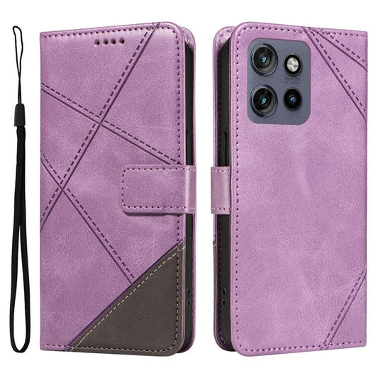 For Motorola Edge 50 Neo 5G Case Leather Geometric Line Wallet Phone Cover with Wrist Strap - Purple