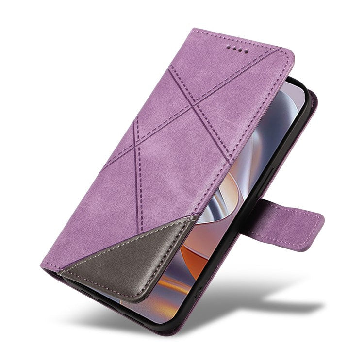 For Motorola Edge 50 Neo 5G Case Leather Geometric Line Wallet Phone Cover with Wrist Strap - Purple
