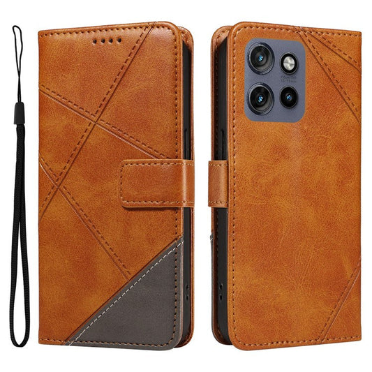 For Motorola Edge 50 Neo 5G Case Leather Geometric Line Wallet Phone Cover with Wrist Strap - Brown