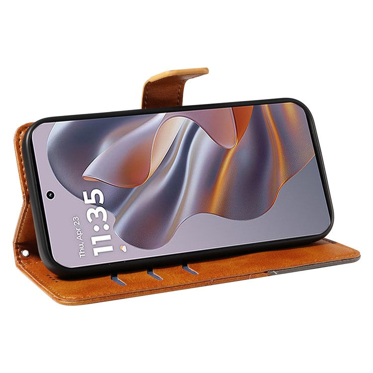 For Motorola Edge 50 Neo 5G Case Leather Geometric Line Wallet Phone Cover with Wrist Strap - Brown