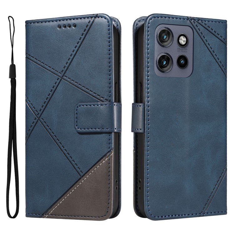 For Motorola Edge 50 Neo 5G Case Leather Geometric Line Wallet Phone Cover with Wrist Strap - Blue