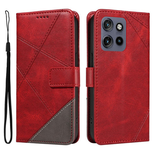 For Motorola Edge 50 Neo 5G Case Leather Geometric Line Wallet Phone Cover with Wrist Strap - Red