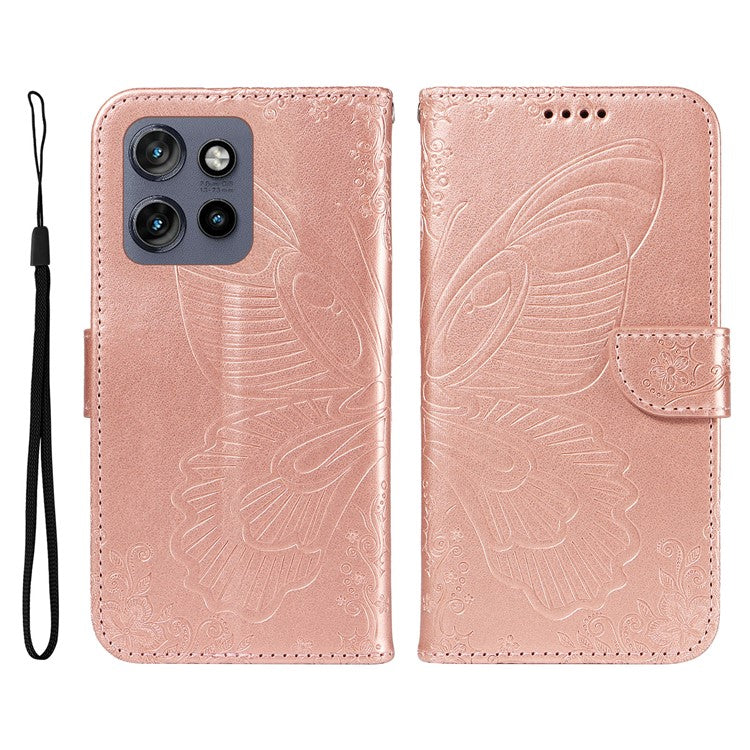 For Motorola Edge 50 Neo 5G / Moto S50 5G / Thinkphone 25 5G Case Butterfly Pattern Leather Wallet Flip Phone Cover - Rose Gold
