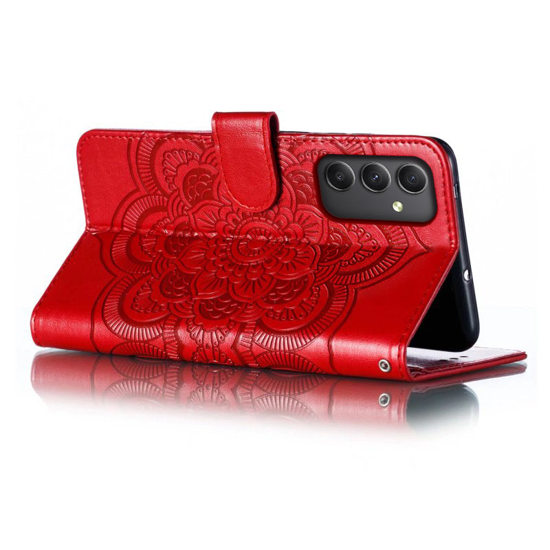 For Samsung Galaxy A16 5G / A16 4G Case PU Leather Mandala Imprinted Design Wallet Phone Cover - Red