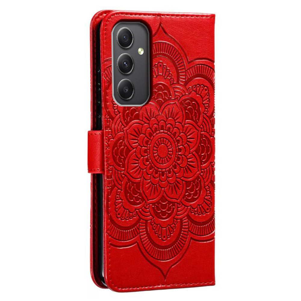 For Samsung Galaxy A16 5G / A16 4G Case PU Leather Mandala Imprinted Design Wallet Phone Cover - Red