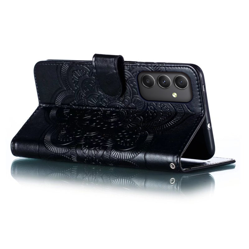 For Samsung Galaxy A16 5G / A16 4G Case PU Leather Mandala Imprinted Design Wallet Phone Cover - Black