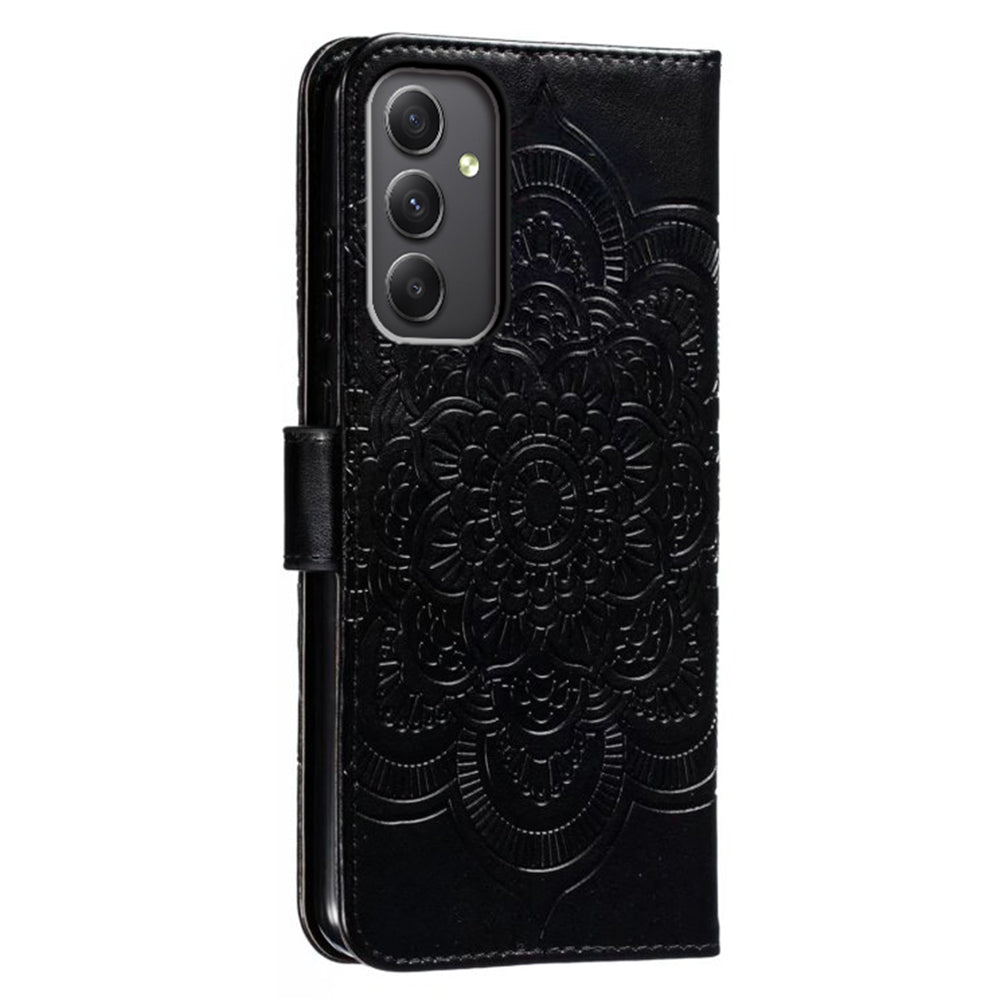 For Samsung Galaxy A16 5G / A16 4G Case PU Leather Mandala Imprinted Design Wallet Phone Cover - Black