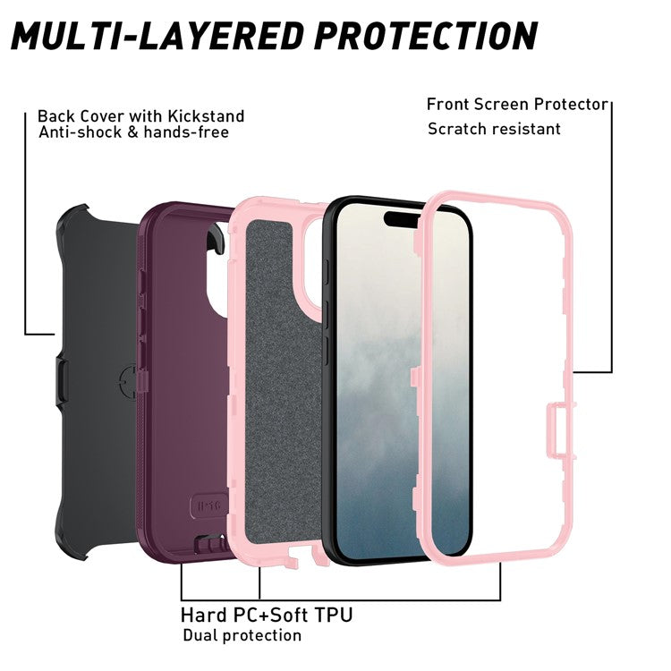 For iPhone 16 Plus Case Detachable PC+TPU Drop-Proof Back Cover - Wine Red+Pink