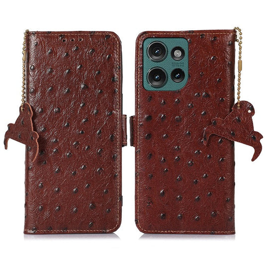 For Motorola Edge 50 Neo 5G / Moto S50 5G / Thinkphone 25 5G Case RFID Blocking Genuine Cow Leather Phone Case Ostrich Texture - Coffee