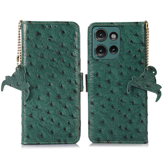 For Motorola Edge 50 Neo 5G / Moto S50 5G / Thinkphone 25 5G Case RFID Blocking Genuine Cow Leather Phone Case Ostrich Texture - Green