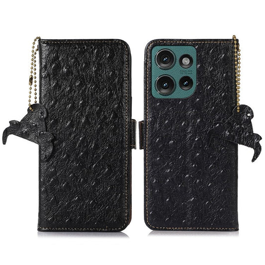 For Motorola Edge 50 Neo 5G / Moto S50 5G / Thinkphone 25 5G Case RFID Blocking Genuine Cow Leather Phone Case Ostrich Texture - Black