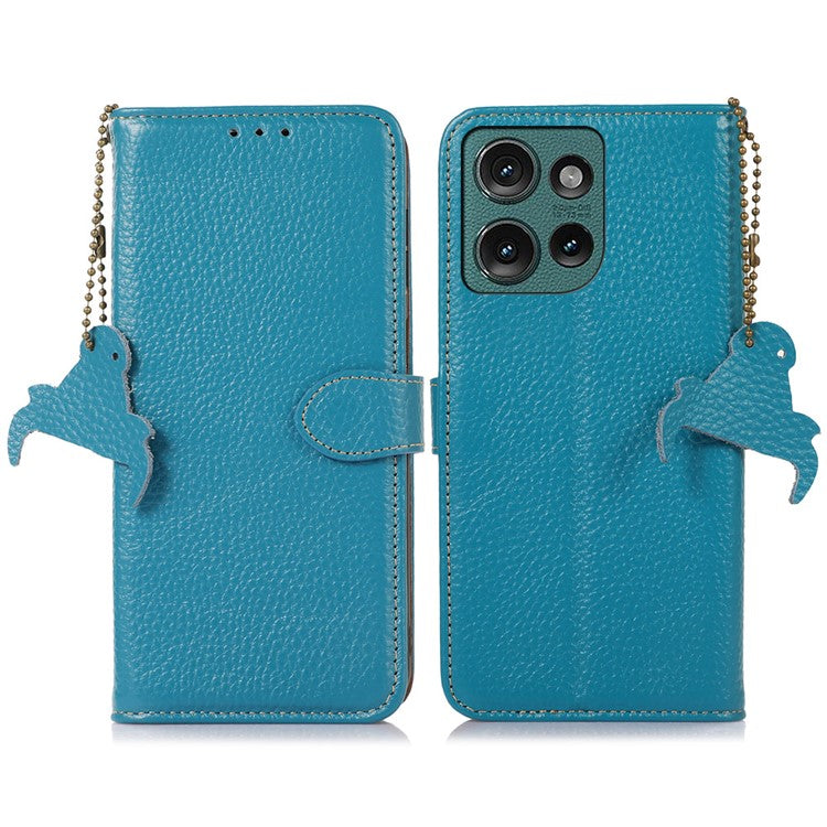 For Motorola Edge 50 Neo 5G / Moto S50 5G / Thinkphone 25 5G Case RFID Blocking Litchi Texture Genuine Cow Leather Phone Cover - Blue