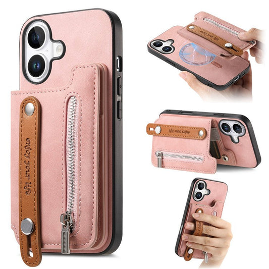 For iPhone 16 Case Zipper Card Holder Leather+TPU+PC Phone Cover 2-in-1 Magnetic Detachable - Pink