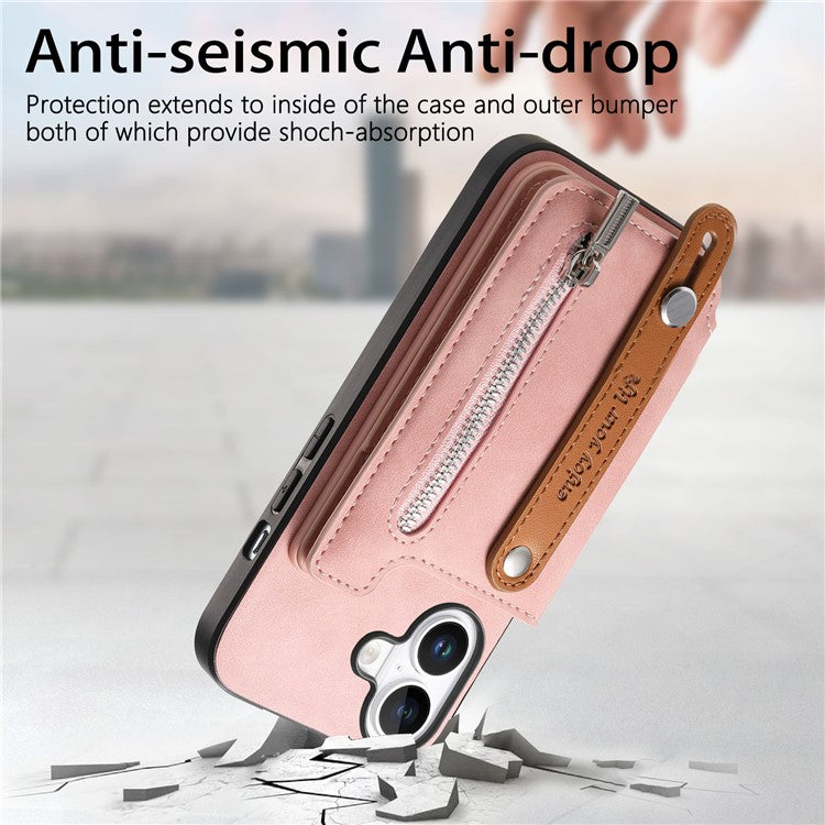 For iPhone 16 Case Zipper Card Holder Leather+TPU+PC Phone Cover 2-in-1 Magnetic Detachable - Pink