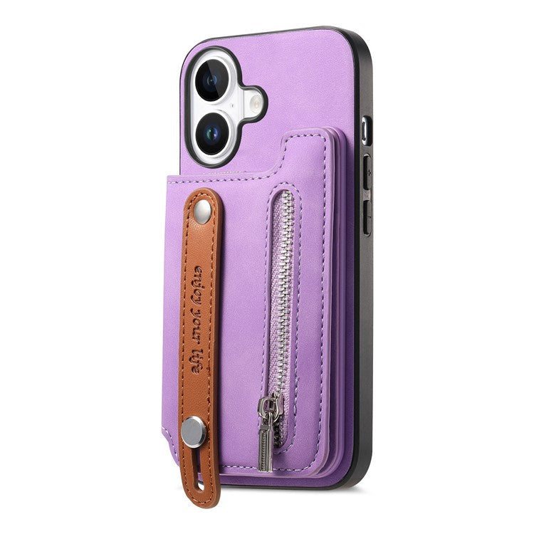 For iPhone 16 Plus Case Zipper Card Holder Leather+TPU+PC Phone Cover 2-in-1 Magnetic Detachable - Purple