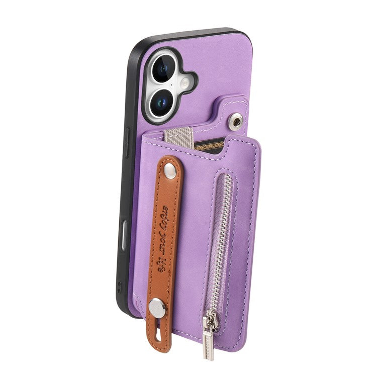 For iPhone 16 Plus Case Zipper Card Holder Leather+TPU+PC Phone Cover 2-in-1 Magnetic Detachable - Purple