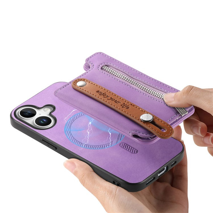 For iPhone 16 Plus Case Zipper Card Holder Leather+TPU+PC Phone Cover 2-in-1 Magnetic Detachable - Purple
