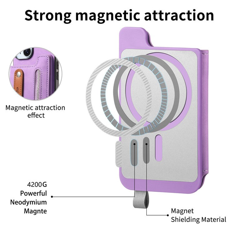 For iPhone 16 Plus Case Zipper Card Holder Leather+TPU+PC Phone Cover 2-in-1 Magnetic Detachable - Purple