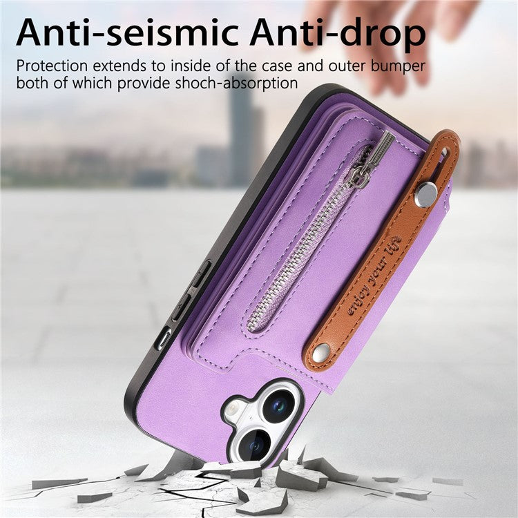 For iPhone 16 Plus Case Zipper Card Holder Leather+TPU+PC Phone Cover 2-in-1 Magnetic Detachable - Purple