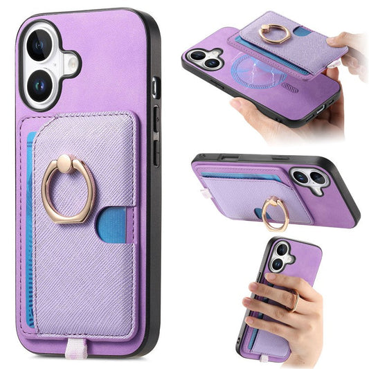 For iPhone 16 Case Ring Kickstand Leather+TPU+PC Phone Cover Detachable 2-in-1 Card Holder - Purple