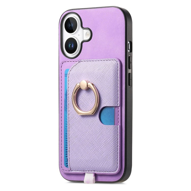 For iPhone 16 Case Ring Kickstand Leather+TPU+PC Phone Cover Detachable 2-in-1 Card Holder - Purple