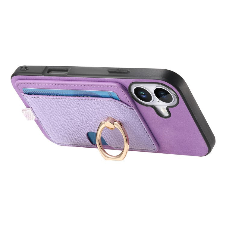 For iPhone 16 Case Ring Kickstand Leather+TPU+PC Phone Cover Detachable 2-in-1 Card Holder - Purple