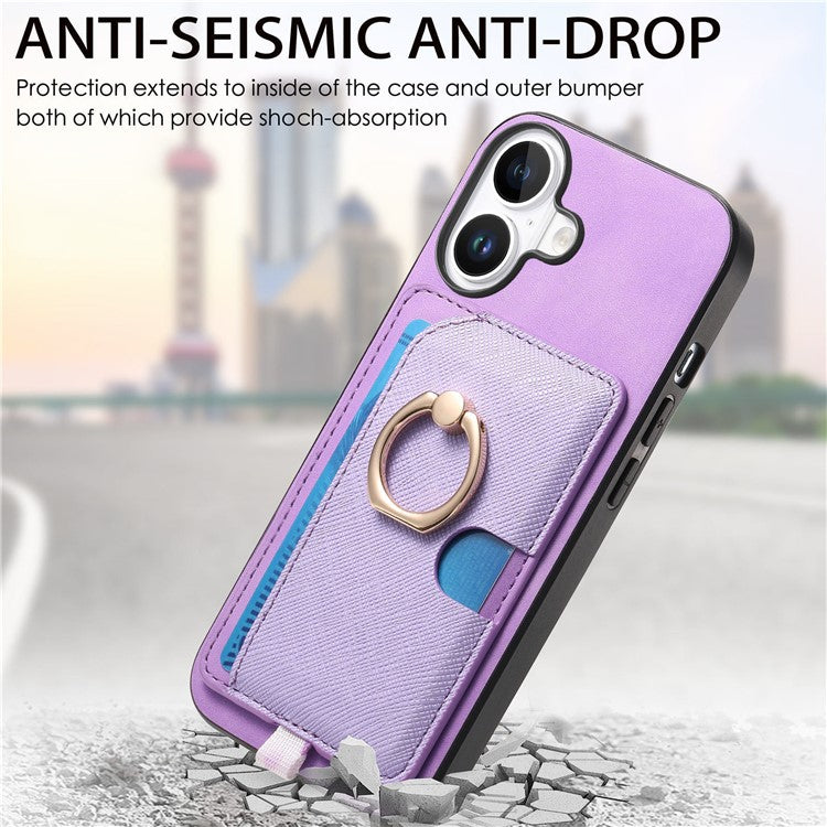 For iPhone 16 Case Ring Kickstand Leather+TPU+PC Phone Cover Detachable 2-in-1 Card Holder - Purple