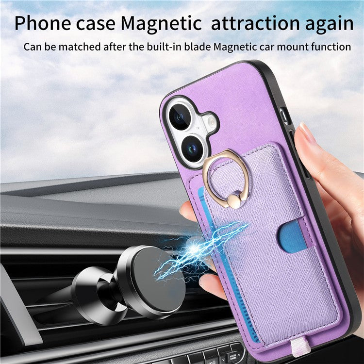 For iPhone 16 Case Ring Kickstand Leather+TPU+PC Phone Cover Detachable 2-in-1 Card Holder - Purple