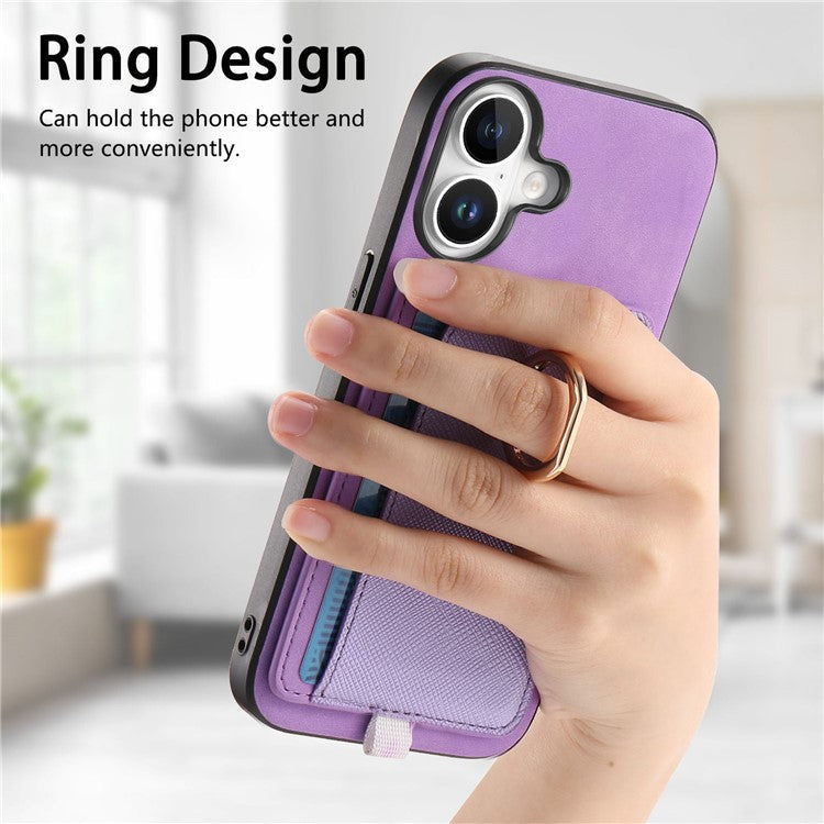 For iPhone 16 Case Ring Kickstand Leather+TPU+PC Phone Cover Detachable 2-in-1 Card Holder - Purple