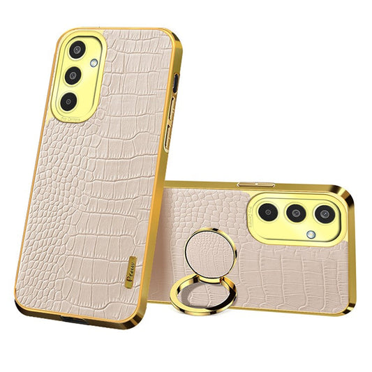 For Samsung Galaxy M35 5G Case Finger Ring Kickstand TPU+Leather 6D Electroplating Phone Cover - White