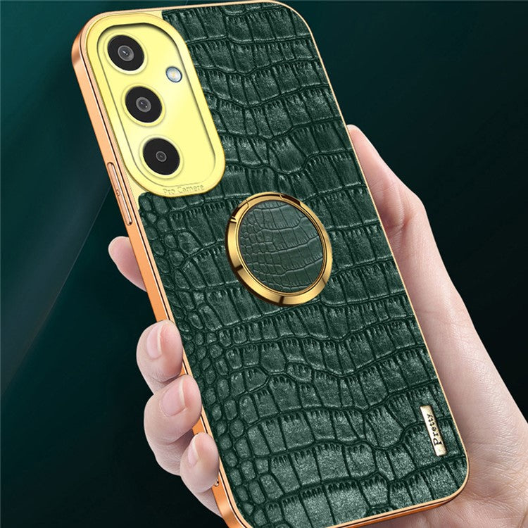 For Samsung Galaxy M35 5G Case Finger Ring Kickstand TPU+Leather 6D Electroplating Phone Cover - Green