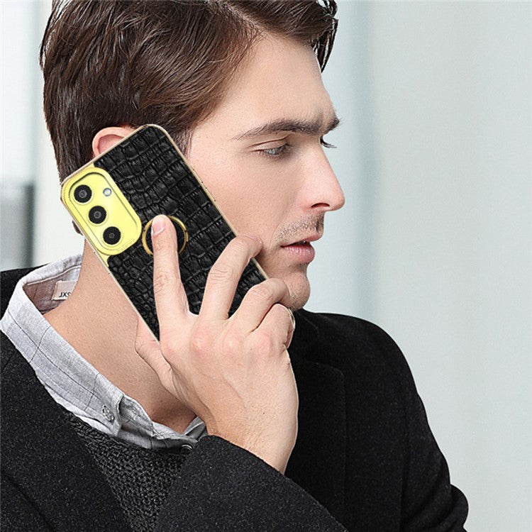 For Samsung Galaxy M35 5G Case Finger Ring Kickstand TPU+Leather 6D Electroplating Phone Cover - Yellow