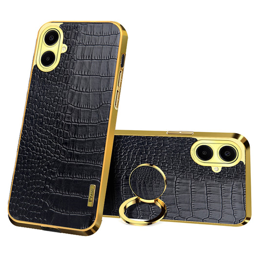 For Samsung Galaxy A06 Case Finger Ring Kickstand TPU+Leather 6D Electroplating Phone Cover - Black