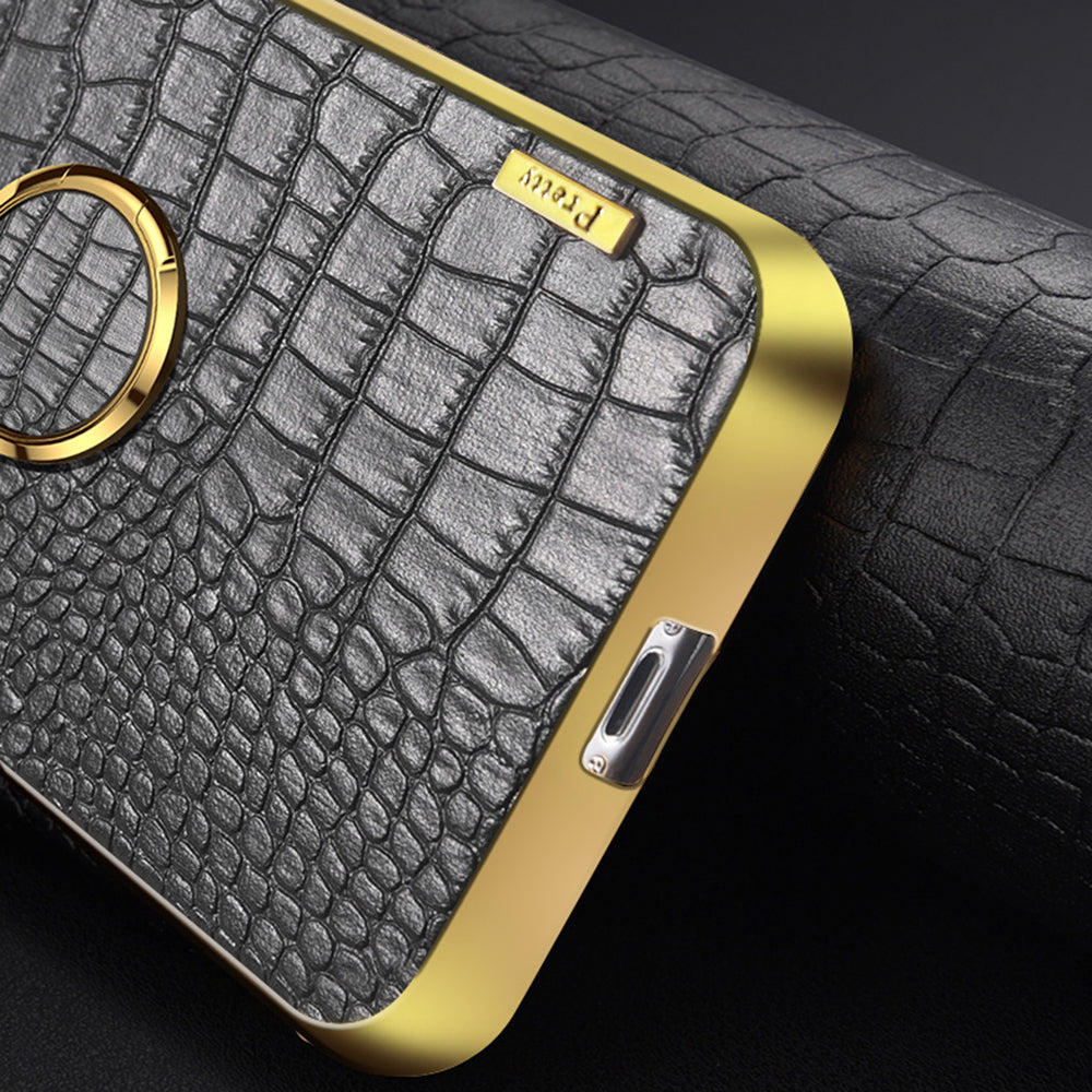 For Samsung Galaxy A06 Case Finger Ring Kickstand TPU+Leather 6D Electroplating Phone Cover - Black