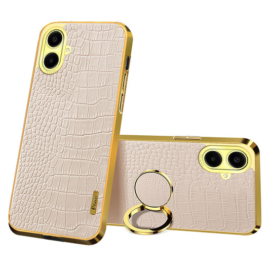 For Samsung Galaxy A06 Case Finger Ring Kickstand TPU+Leather 6D Electroplating Phone Cover - White