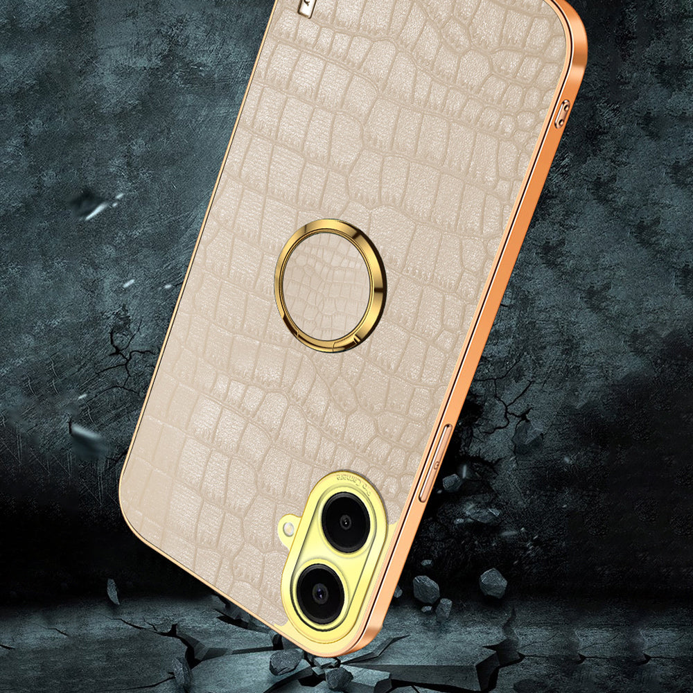 For Samsung Galaxy A06 Case Finger Ring Kickstand TPU+Leather 6D Electroplating Phone Cover - White