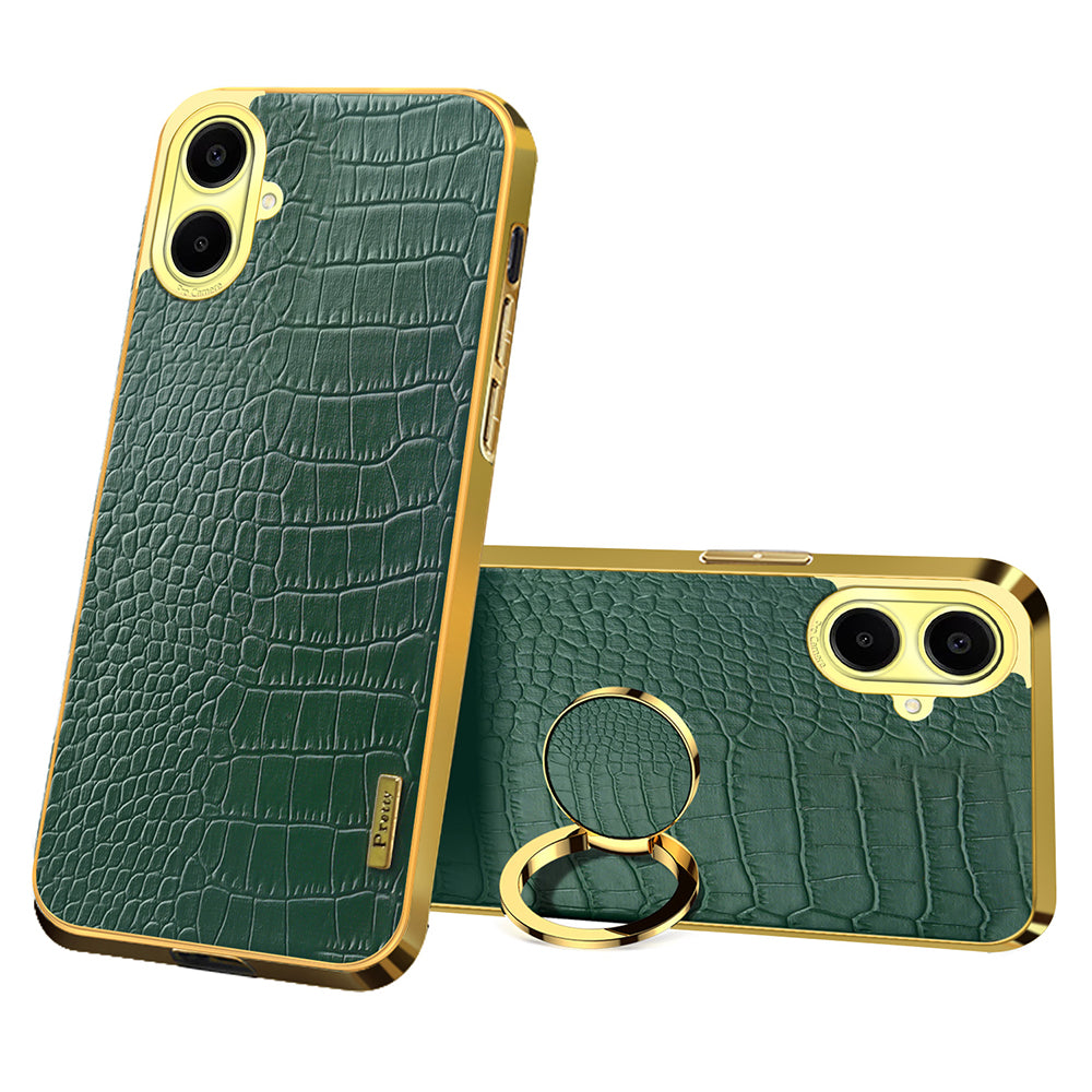 For Samsung Galaxy A06 Case Finger Ring Kickstand TPU+Leather 6D Electroplating Phone Cover - Green