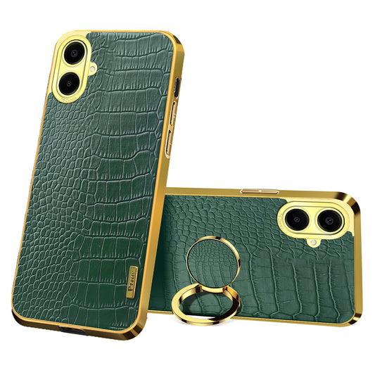 For Samsung Galaxy A06 Case Finger Ring Kickstand TPU+Leather 6D Electroplating Phone Cover - Green