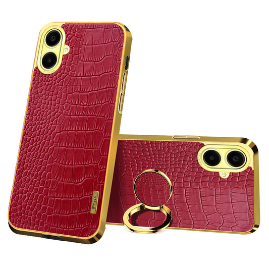 For Samsung Galaxy A06 Case Finger Ring Kickstand TPU+Leather 6D Electroplating Phone Cover - Red
