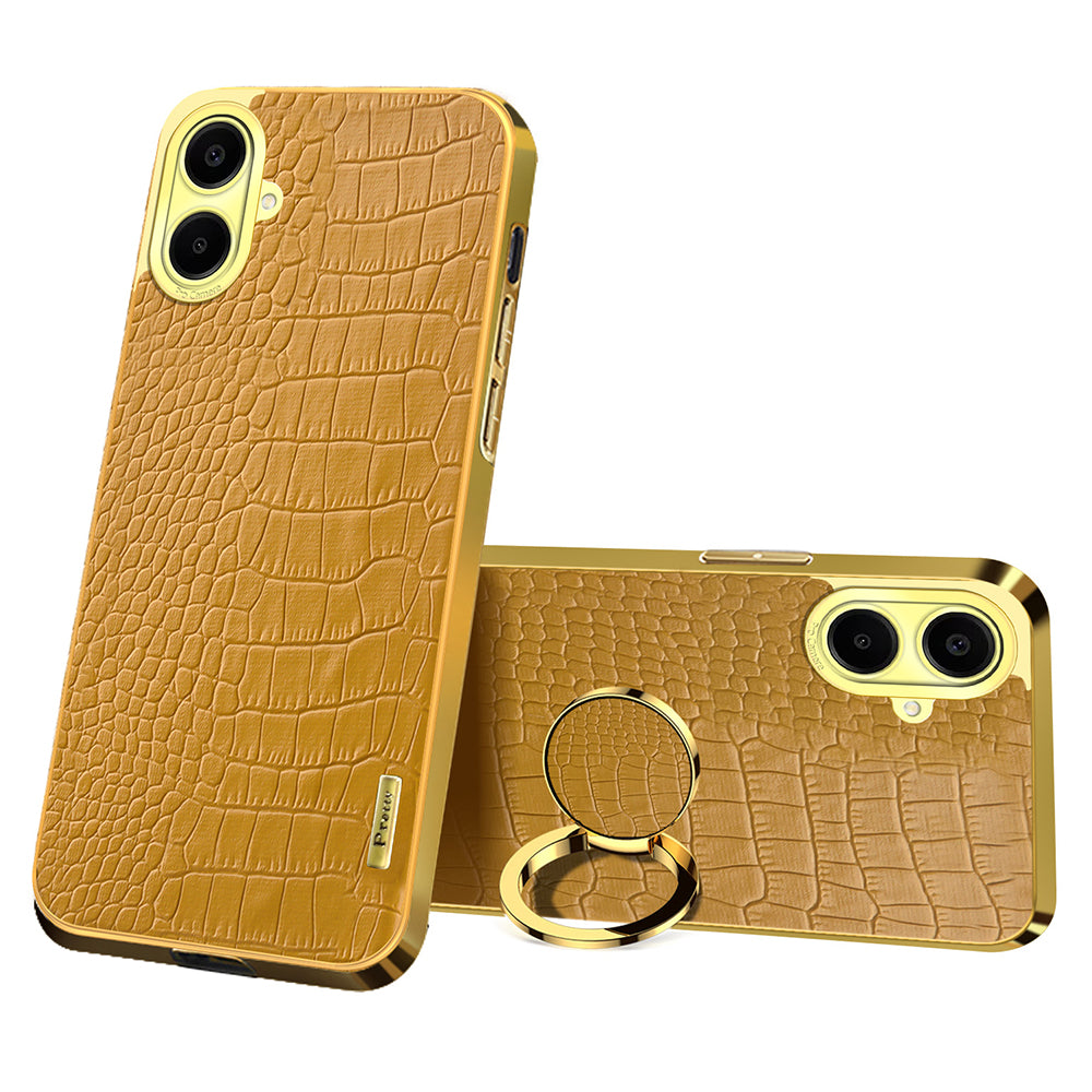 For Samsung Galaxy A06 Case Finger Ring Kickstand TPU+Leather 6D Electroplating Phone Cover - Yellow