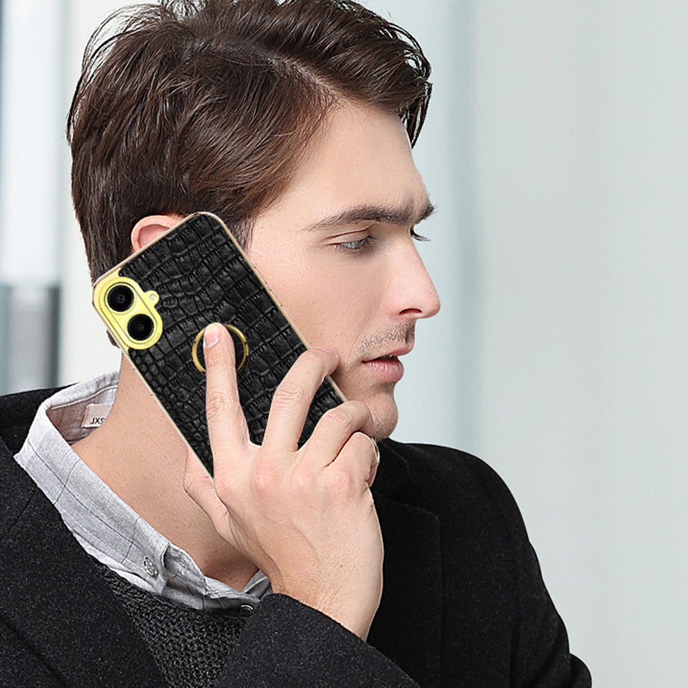 For Samsung Galaxy A06 Case Finger Ring Kickstand TPU+Leather 6D Electroplating Phone Cover - Yellow