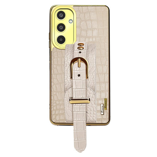 For Samsung Galaxy M35 5G Case Wristband Kickstand PU Leather+TPU 6D Electroplating Phone Cover - White